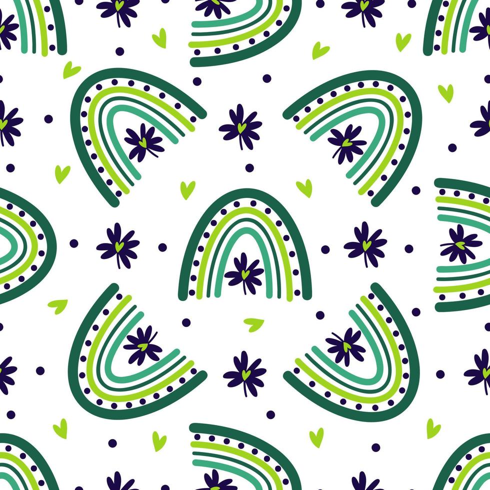 St Patrick's Day seamless vector pattern. Cute bright rainbow and quatrefoil for good luck. Clover leaf, symbol of the Irish holiday. Flat cartoon background for baby wallpapers, posters, cards, web