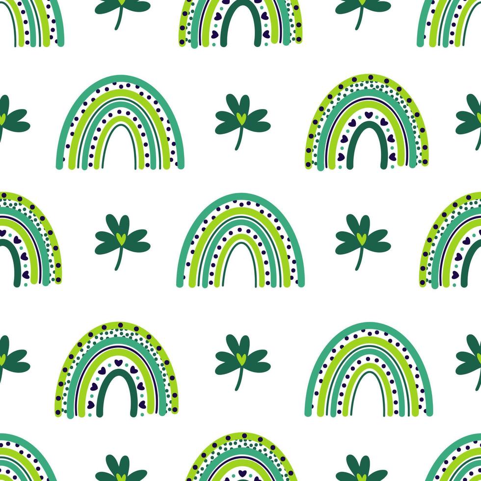 St Patrick's Day seamless vector pattern. Cute bright rainbow and shamrock for good luck. Green clover leaf, symbol of the Irish holiday. Flat cartoon background for baby wallpapers, textiles, posters