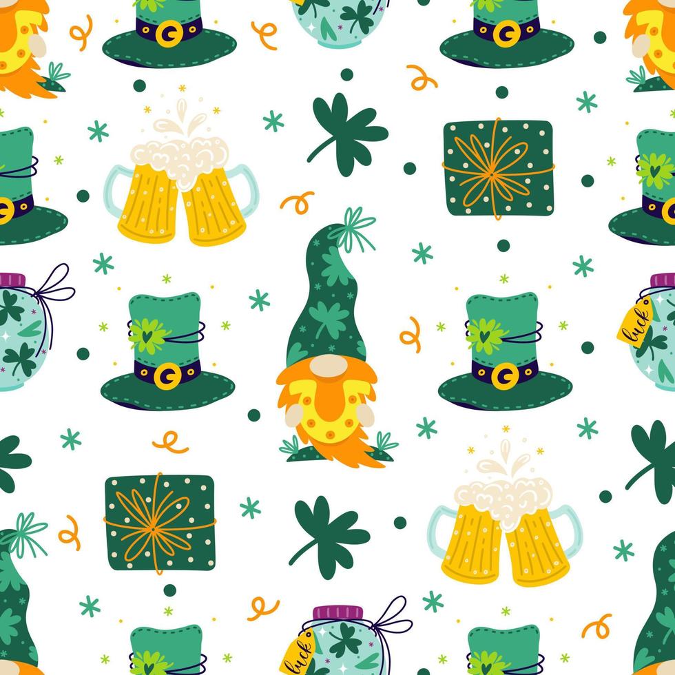 St. Patrick's Day seamless vector pattern. Holiday symbols - cute gnome with a horseshoe, beer, cheers, gifts, shamrock for good luck, clover leaf, top hat. Flat cartoon background for posters, cards