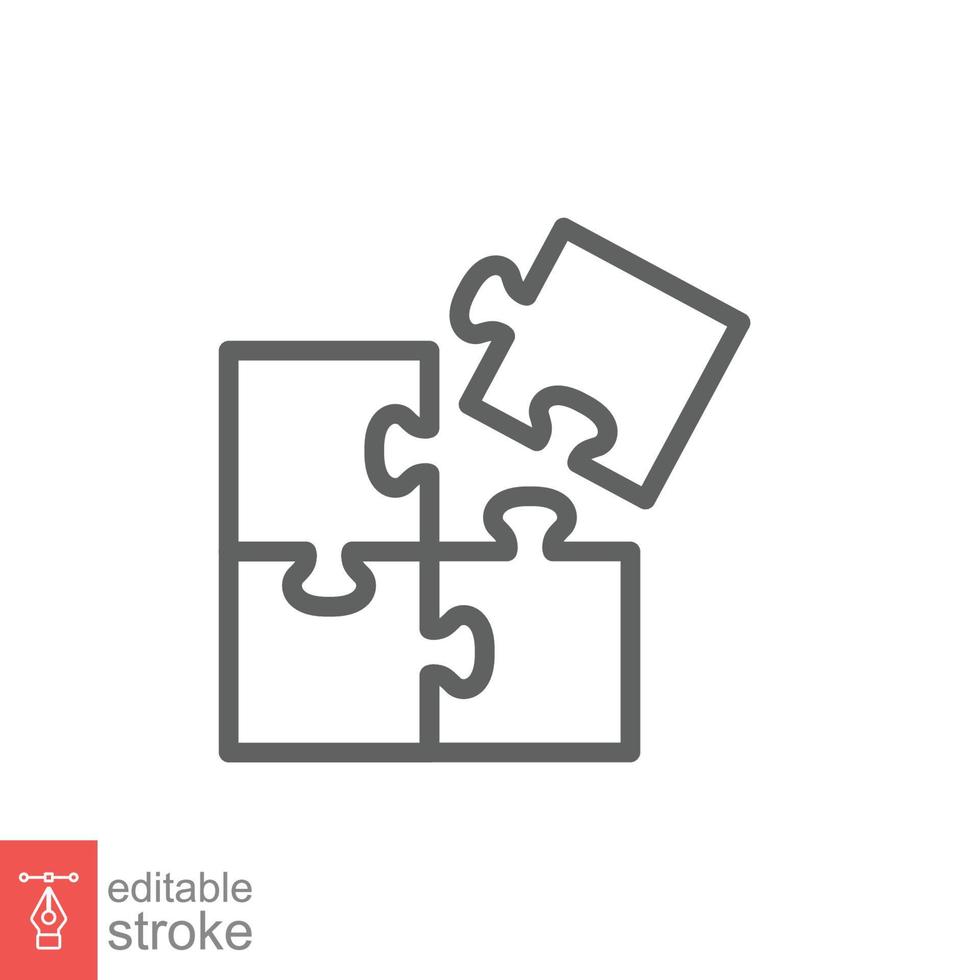 Puzzle jigsaw line icon. Simple outline style. Join teamwork, challenge, square, block, part, business logo concept design. Vector illustration isolated on white background. Editable stroke EPS 10.