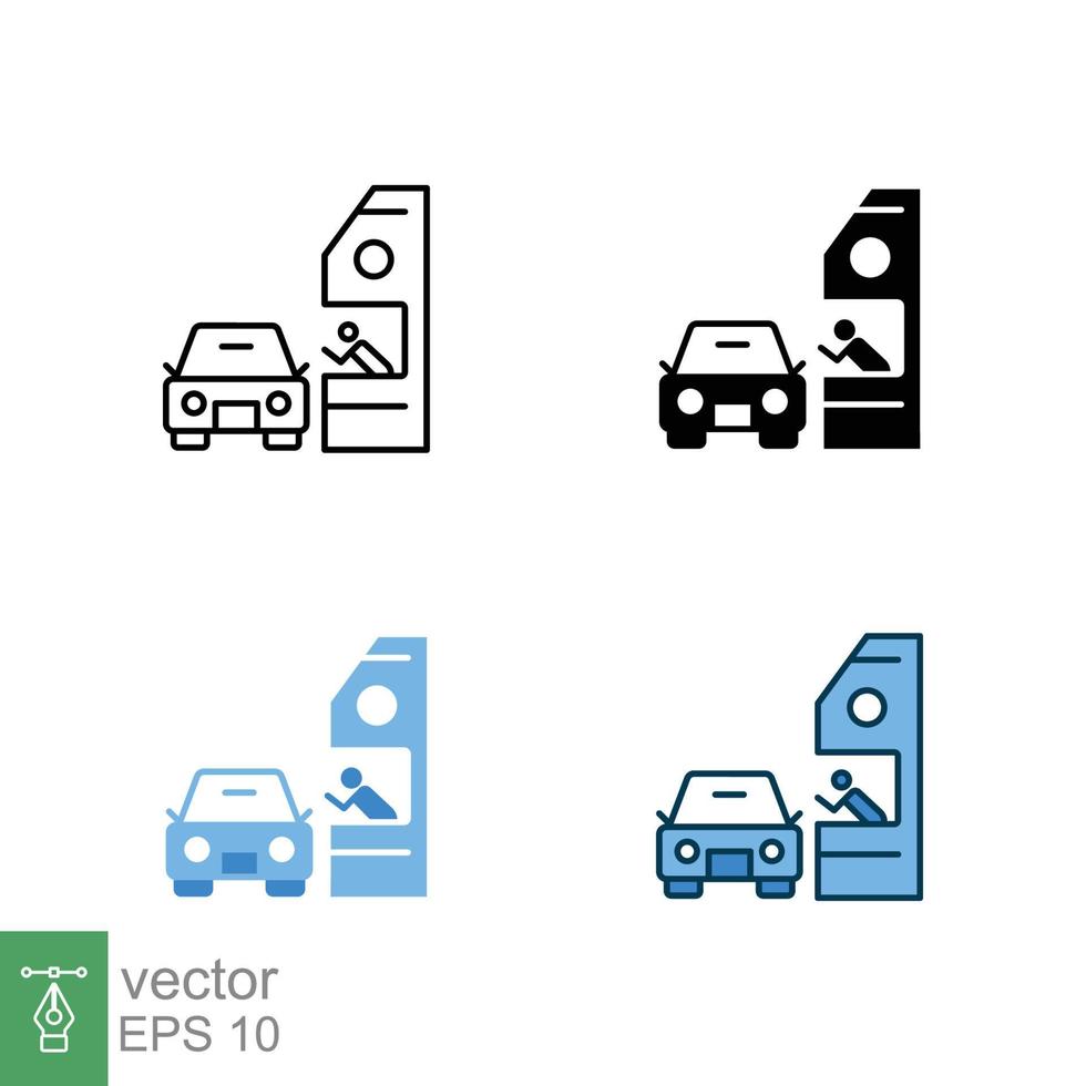 Drive through icon in different style. Two colored and black drive thru vector icons designed in filled outline, line, glyph and solid style. Vector illustration isolated on white background. EPS 10.