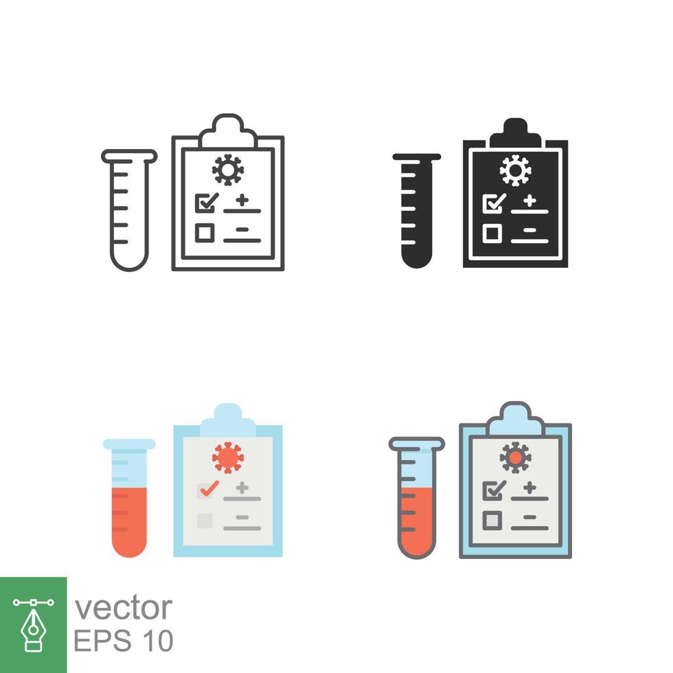 Covid test icons in different style. Positive corona virus result, negative, rapid, plasma, research, medical concept. Designed in filled outline, line, flat, glyph and solid style. EPS 10. vector