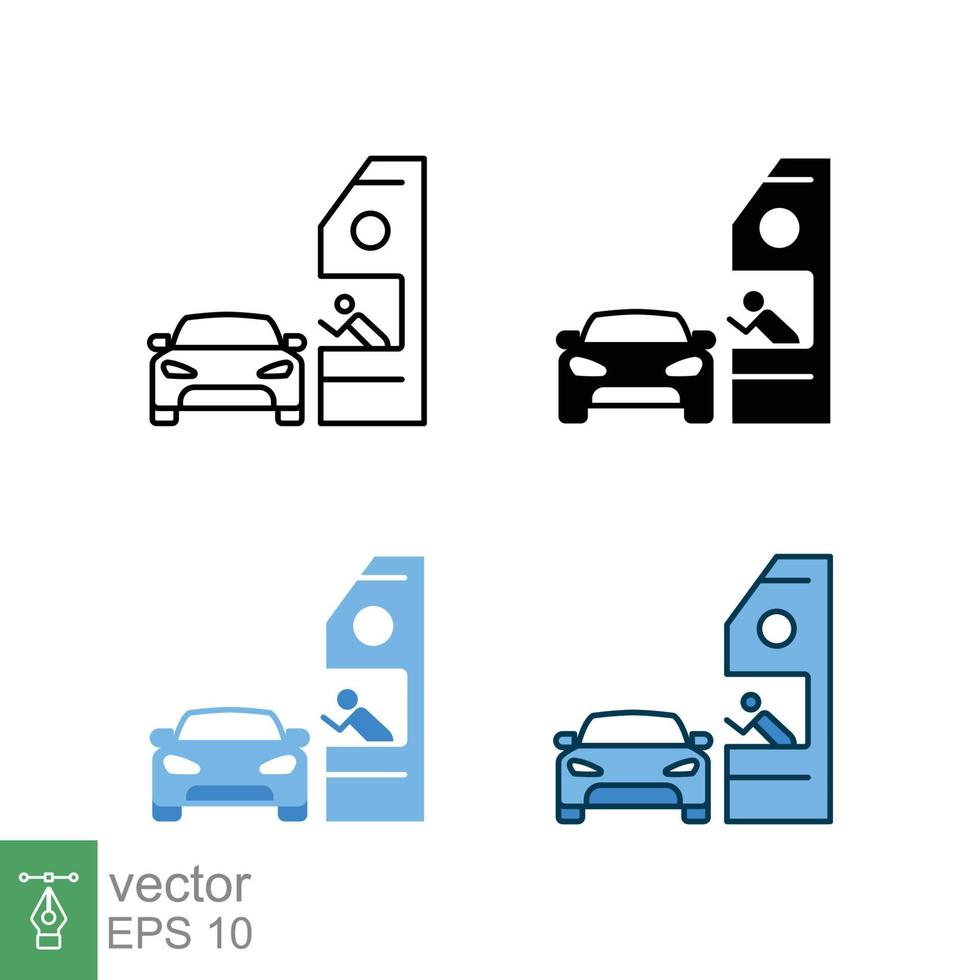 Drive through icon in different style. Two colored and black drive thru vector icons designed in filled outline, line, glyph and solid style. Vector illustration isolated on white background. EPS 10.