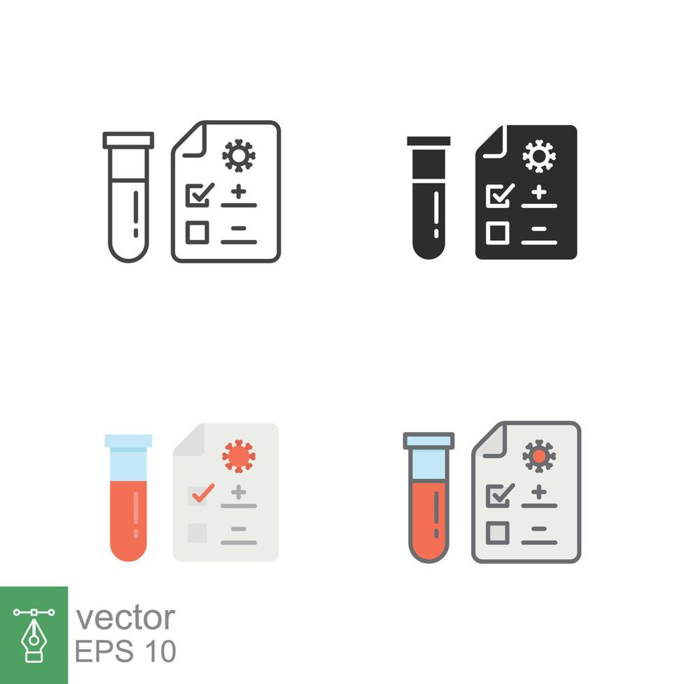 codicioso prueba íconos en diferente estilo. positivo corona virus resultado, negativo, rápido, plasma, investigación, médico concepto. diseñado en lleno describir, línea, departamento, glifo y sólido estilo. eps 10 vector