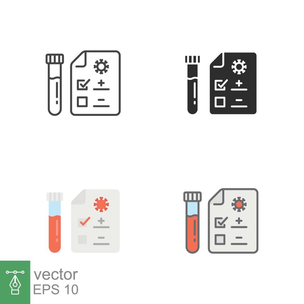 Covid test icons in different style. Positive corona virus result, negative, rapid, plasma, research, medical concept. Designed in filled outline, line, flat, glyph and solid style. EPS 10. vector