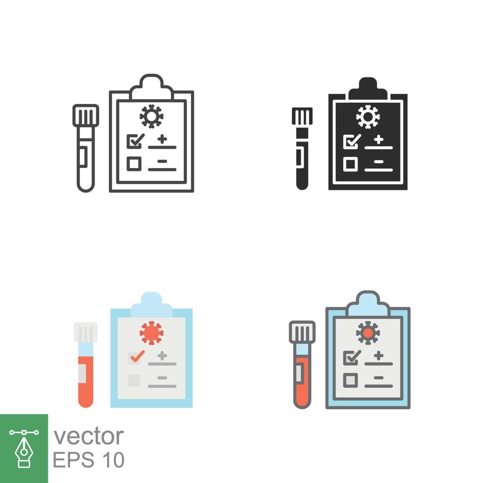 Covid test icons in different style. Positive corona virus result, negative, rapid, plasma, research, medical concept. Designed in filled outline, line, flat, glyph and solid style. EPS 10. vector