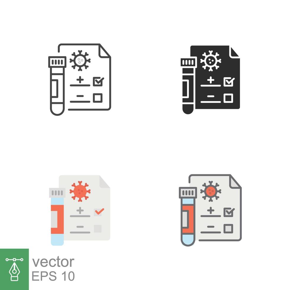 Covid test icons in different style. Positive corona virus result, negative, rapid, plasma, research, medical concept. Designed in filled outline, line, flat, glyph and solid style. EPS 10. vector