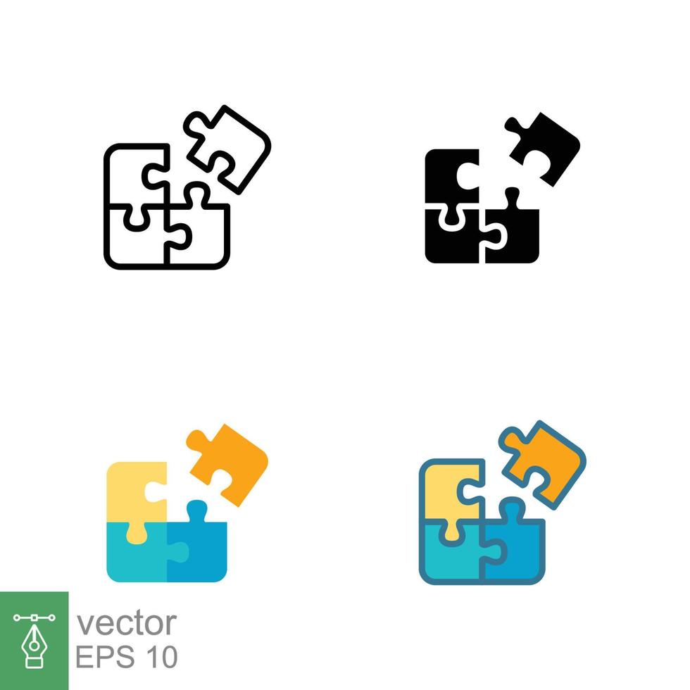 Puzzle jigsaw icon in different style. Line, solid, flat, filled outline. Join teamwork, challenge, combination, problem solving, solution. Vector illustration isolated on white background. EPS 10.