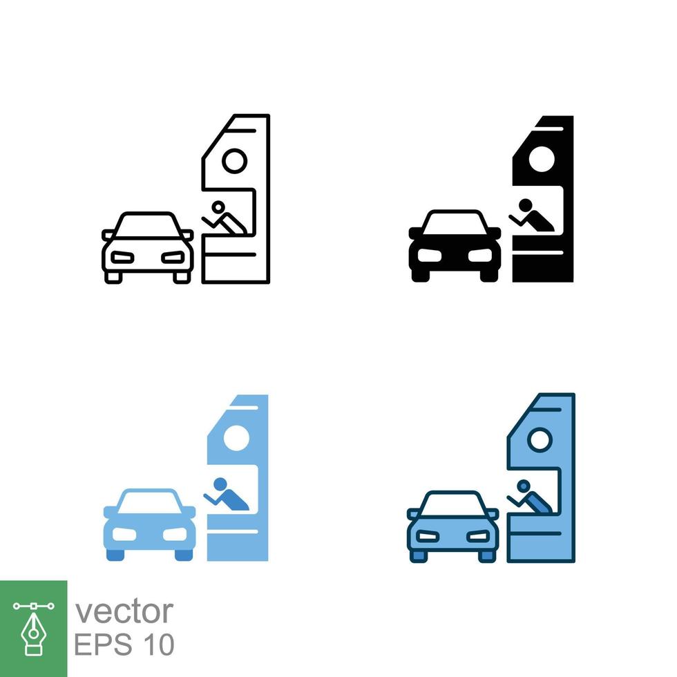 Drive through icon in different style. Two colored and black drive thru vector icons designed in filled outline, line, glyph and solid style. Vector illustration isolated on white background. EPS 10.