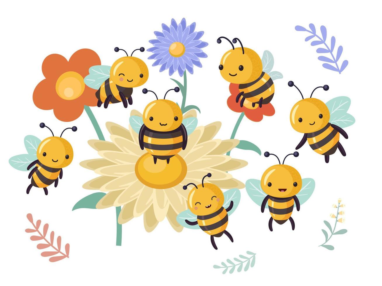 Team of funny cartoon cute bees on the background of flowers children's illustration. vector