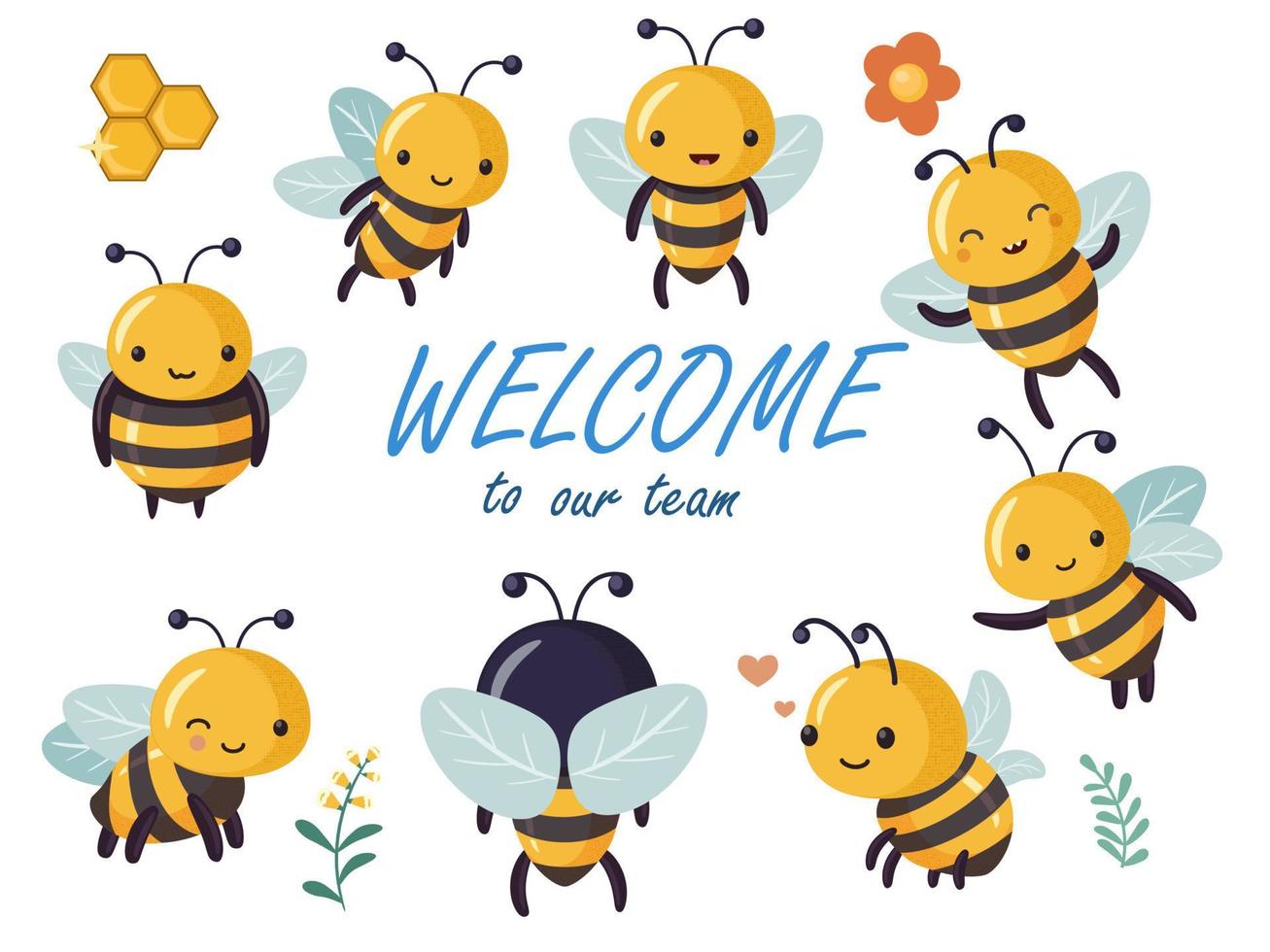 Cute cartoon bees character set symbol of teamwork and friendship. vector