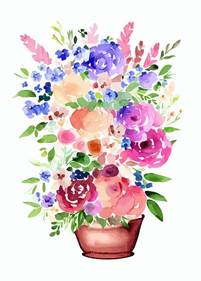 Pretty Floral Watercolor Pot Plant vector