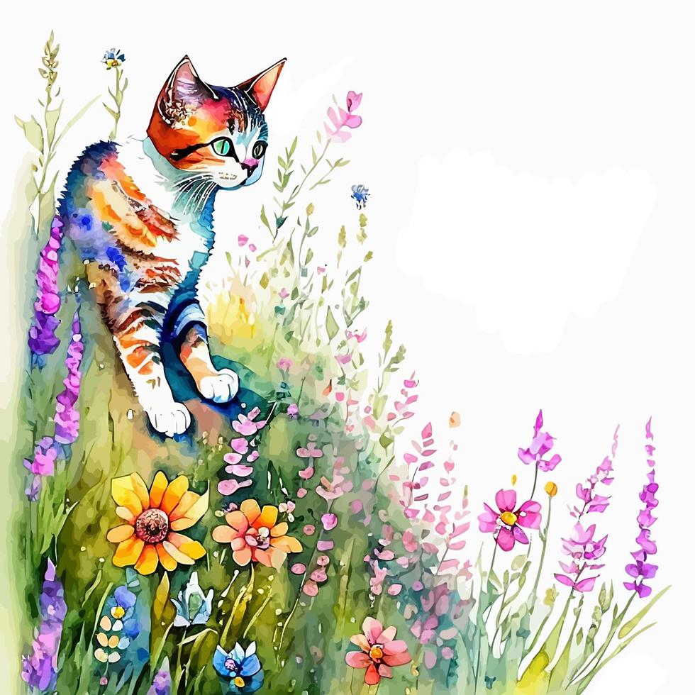 Wild Summer Floral Meadow Kitten vector