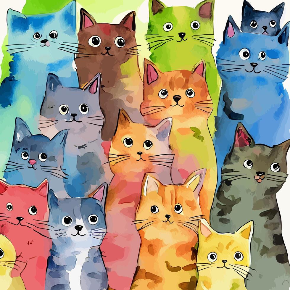 Cute Gang of Watercolor Street Cats vector