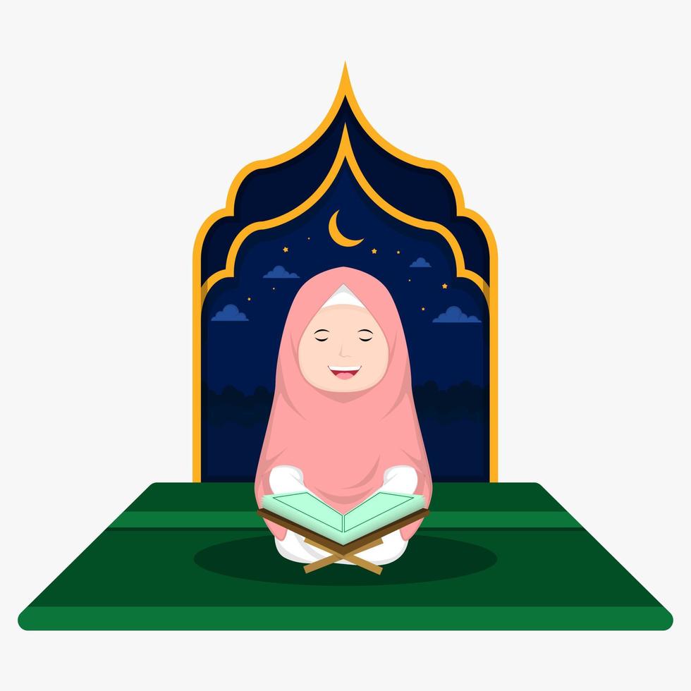 cute muslim cartoon is reading al quran vector