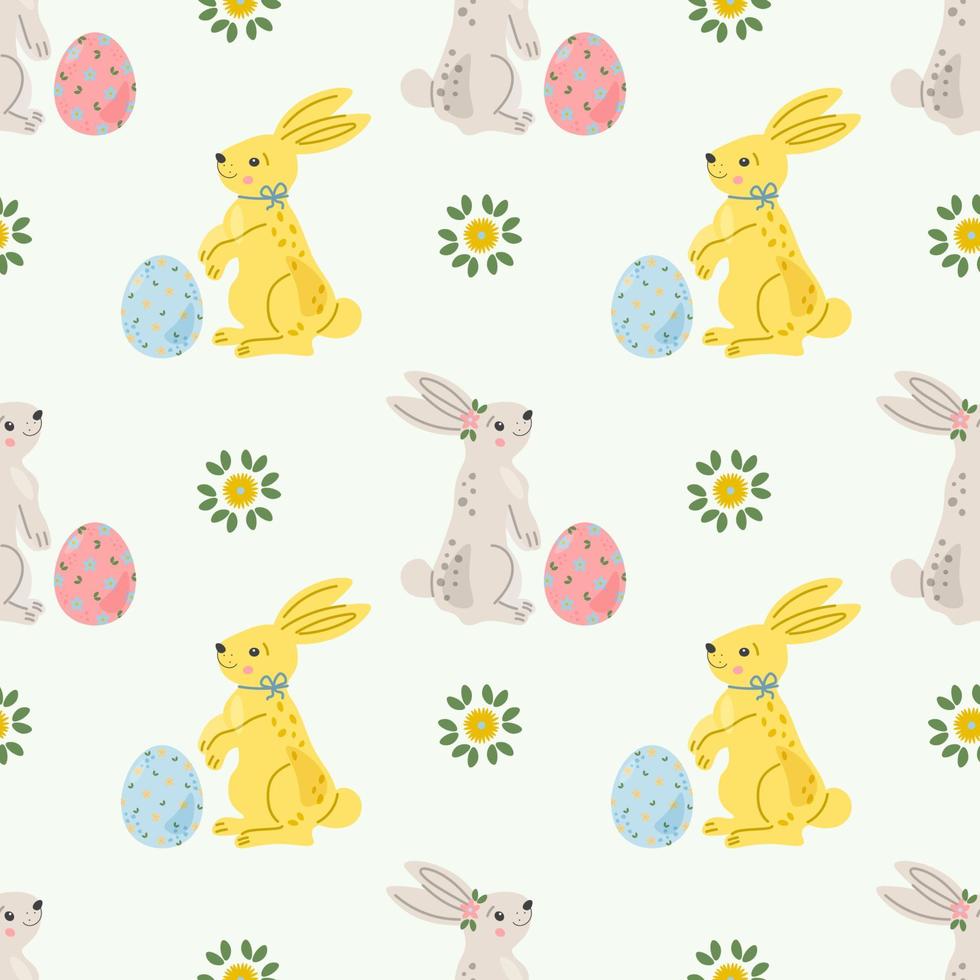 Seamless repeated surface vector pattern design with cute little white bunnies and Easter eggs in handdrawn style. Wrapping paper, greeting cards, textile design.