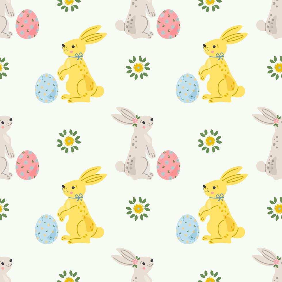 Seamless repeated surface vector pattern design with cute little white bunnies and Easter eggs in handdrawn style. Wrapping paper, greeting cards, textile design.