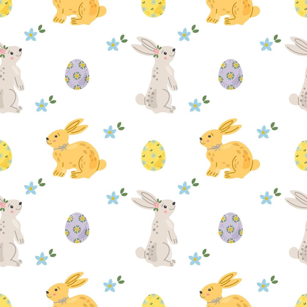 Seamless repeated surface vector pattern design with cute little white bunnies and Easter eggs in handdrawn style. Wrapping paper, greeting cards, textile design.