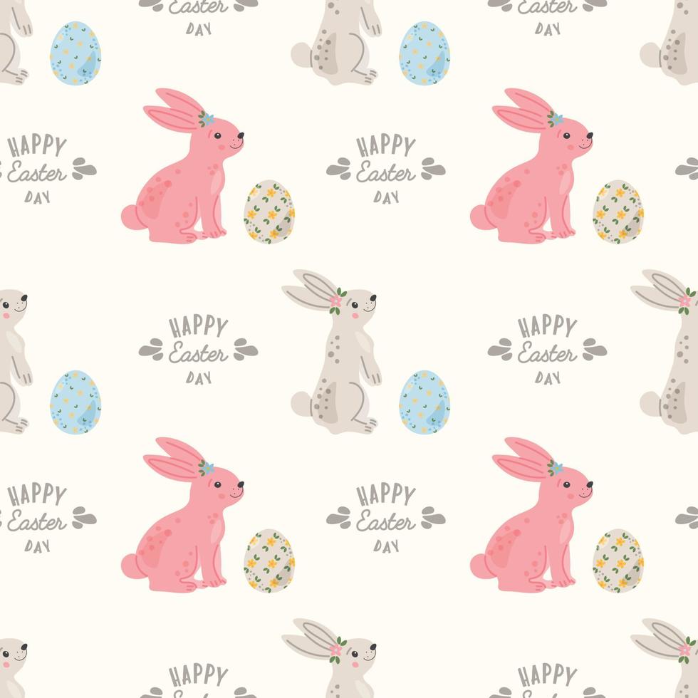 Seamless repeated surface vector pattern design with cute little white bunnies and Easter eggs in hand drawn style. Wrapping paper, greeting cards, textile design.