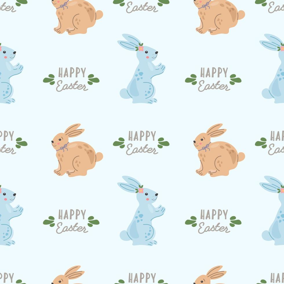 A cute seamless pattern with rabbits in handdrawn style on light blue background. Easter spring design with bunnies. Pattern for gift wrapping paper, textile, greeting cards. Happy Easter collection. vector