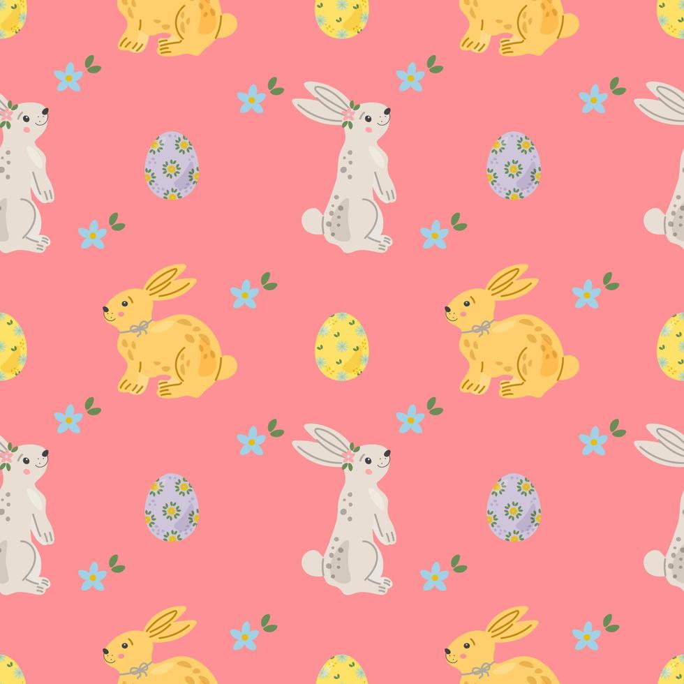 Easter pattern with cute white rabbits, bunny or hare. Baby animals and Easter eggs print. Background for design of the cover, product packaging, advertising banner, postcard, printing on textile. vector