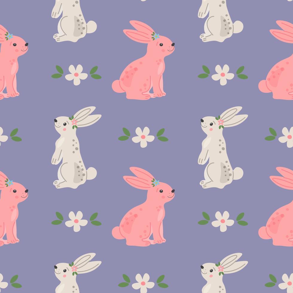 Seamless repeated surface pattern design with cute little bunnies and flowers. Festive spring background in Scandinavian hand drawn style. Baby or kids product design, fabric, wallpaper, clothing. vector