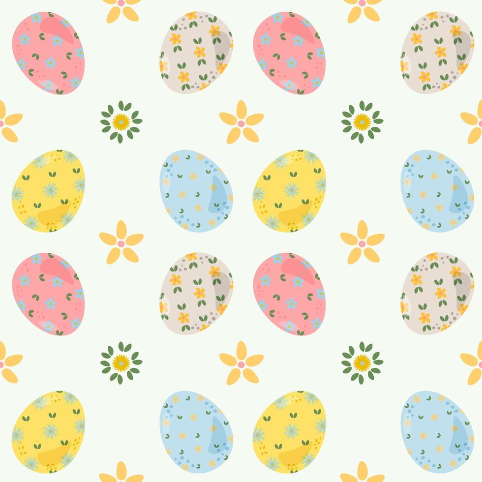 Cartoon hand drawn traditional Easter Holiday symbols, cute design with eggs und flowers, vector pattern design for printing on fabric, paper for scrapbooking, gift wrap and wallpapers.