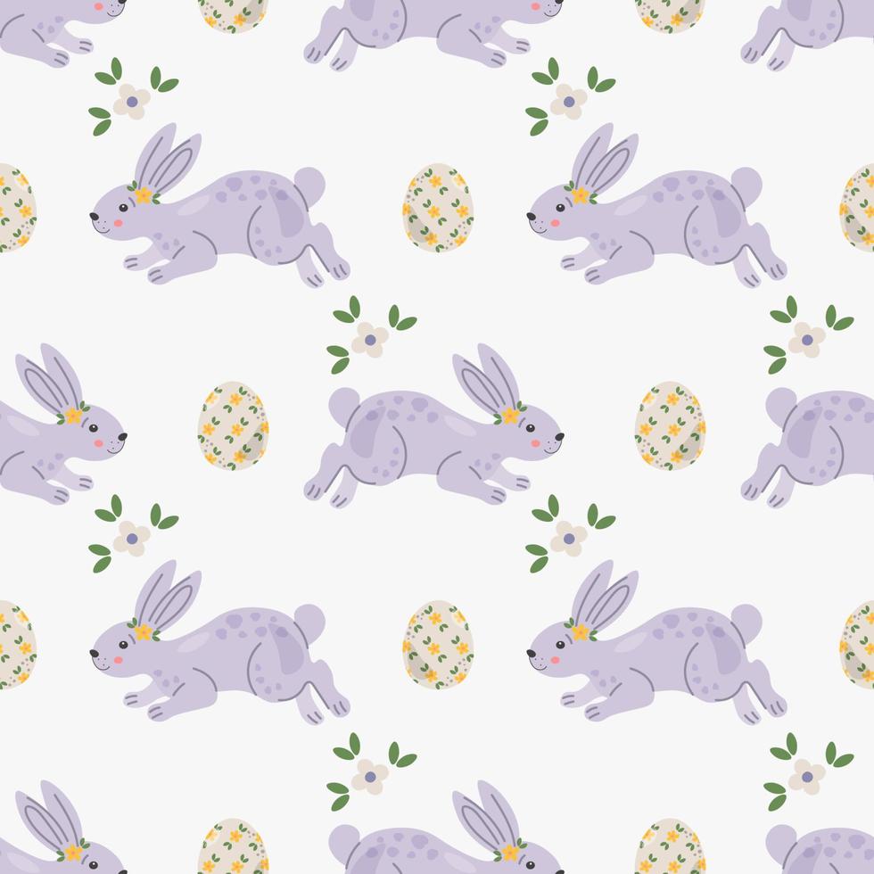 Pattern with cute rabbits, bunny or hare. Baby animals and Easter eggs print. Childish apparel print in pastel colors. Wrapping paper, greeting cards, textile design. vector