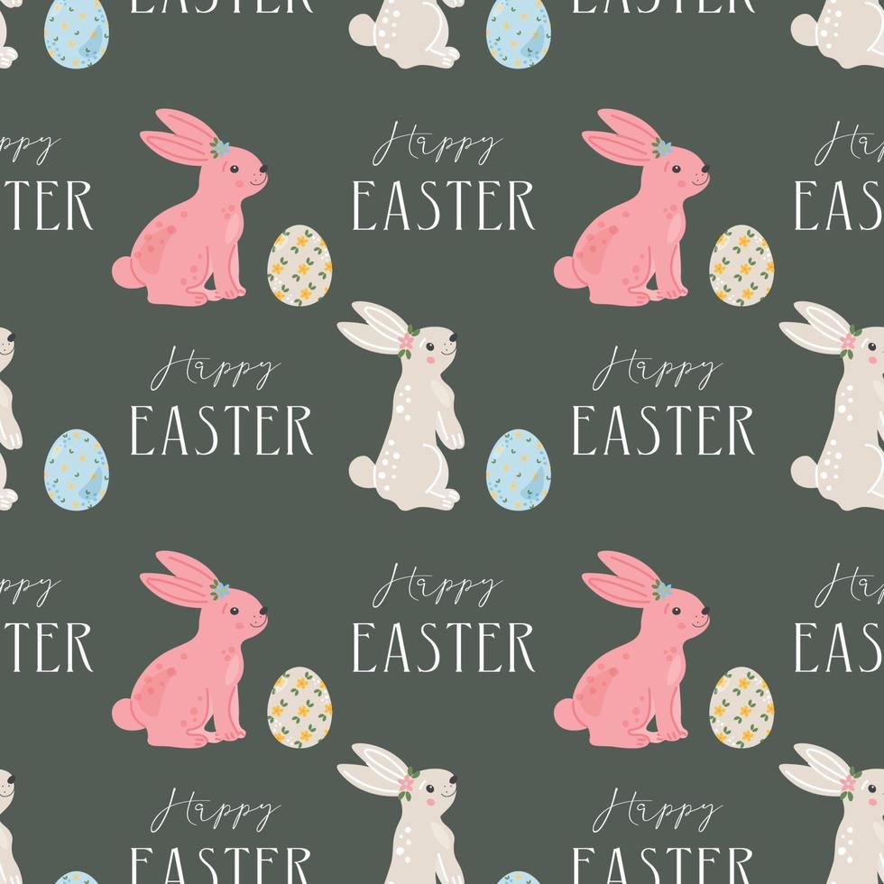 Easter pattern with cute white rabbits, bunny or hare. Baby animals and Easter eggs print. Background for design of the cover, product packaging, advertising banner, postcard, printing on textile. vector