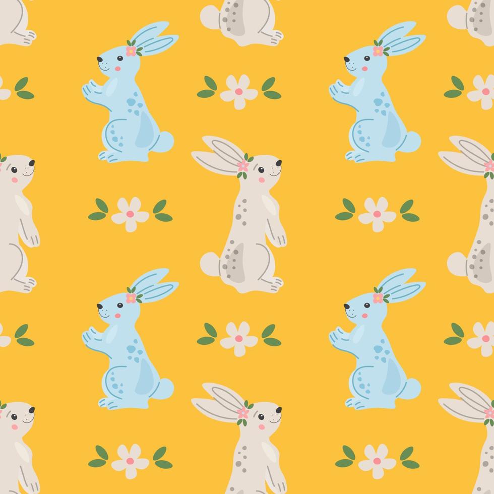 Seamless repeated surface pattern design with cute little bunnies and flowers. Festive spring background in Scandinavian hand drawn style. Baby or kids product design, fabric, wallpaper, clothing. vector