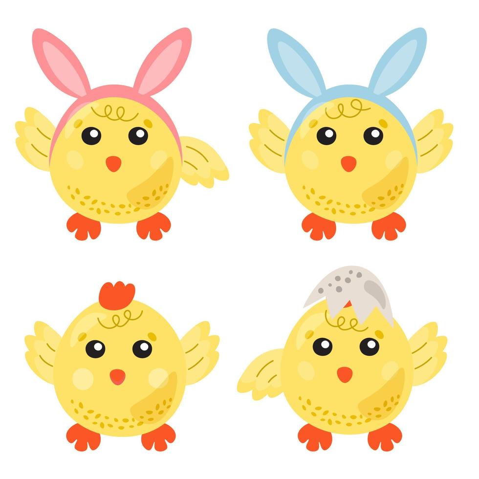 Cute cartoon chicken set. Funny yellow chickens with Bunny Hears in different poses, vector illustration. Cartoon Easter chicks. Cute baby farm birds with yellow feathers.