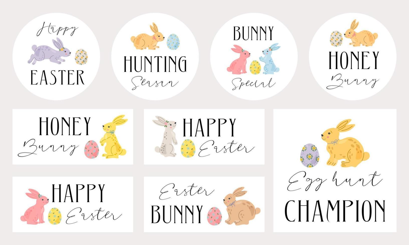 Easter badges and labels vector design elements set with cute bunnies and eggs. Lettering Happy Easter, Eggs hunt, Happy Easter.