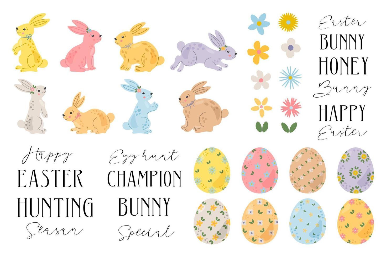 Happy Easter Design clipart isolated on white background for spring and Easte greeting cards and invitations. Bunnies, rabbits, eggs, flowers, cute little characters, lettering, hand drawn elements. vector