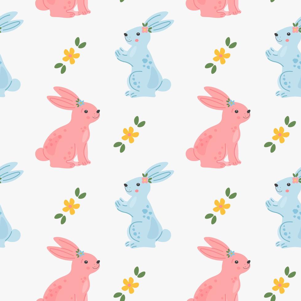 Seamless repeated surface pattern design with cute little bunnies and flowers. Festive spring background in Scandinavian hand drawn style. Baby or kids product design, fabric, wallpaper, clothing. vector