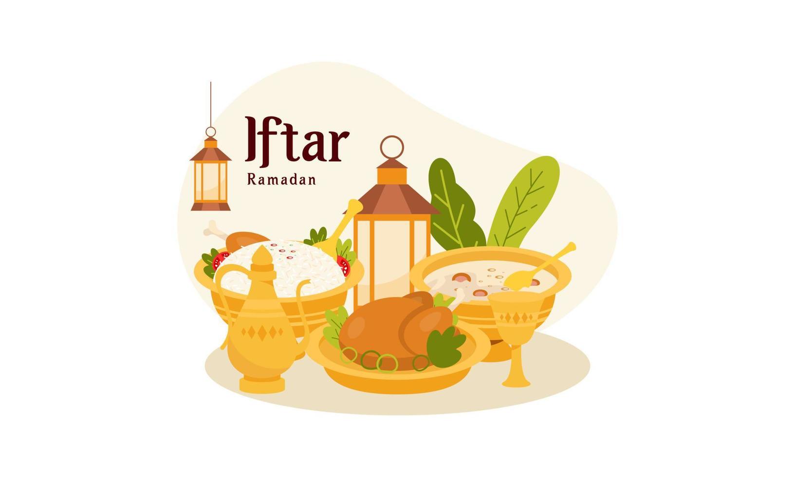 Ramadán kareem con iftar rápido comida ilustración vector