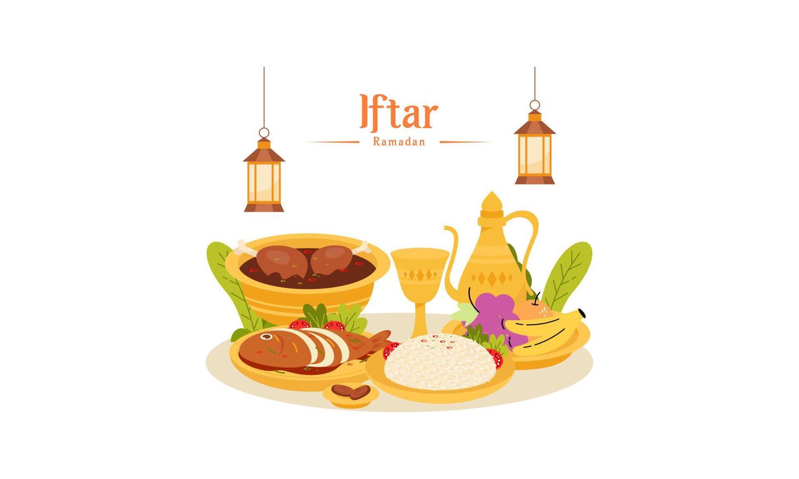 Ramadán kareem con iftar rápido comida ilustración vector