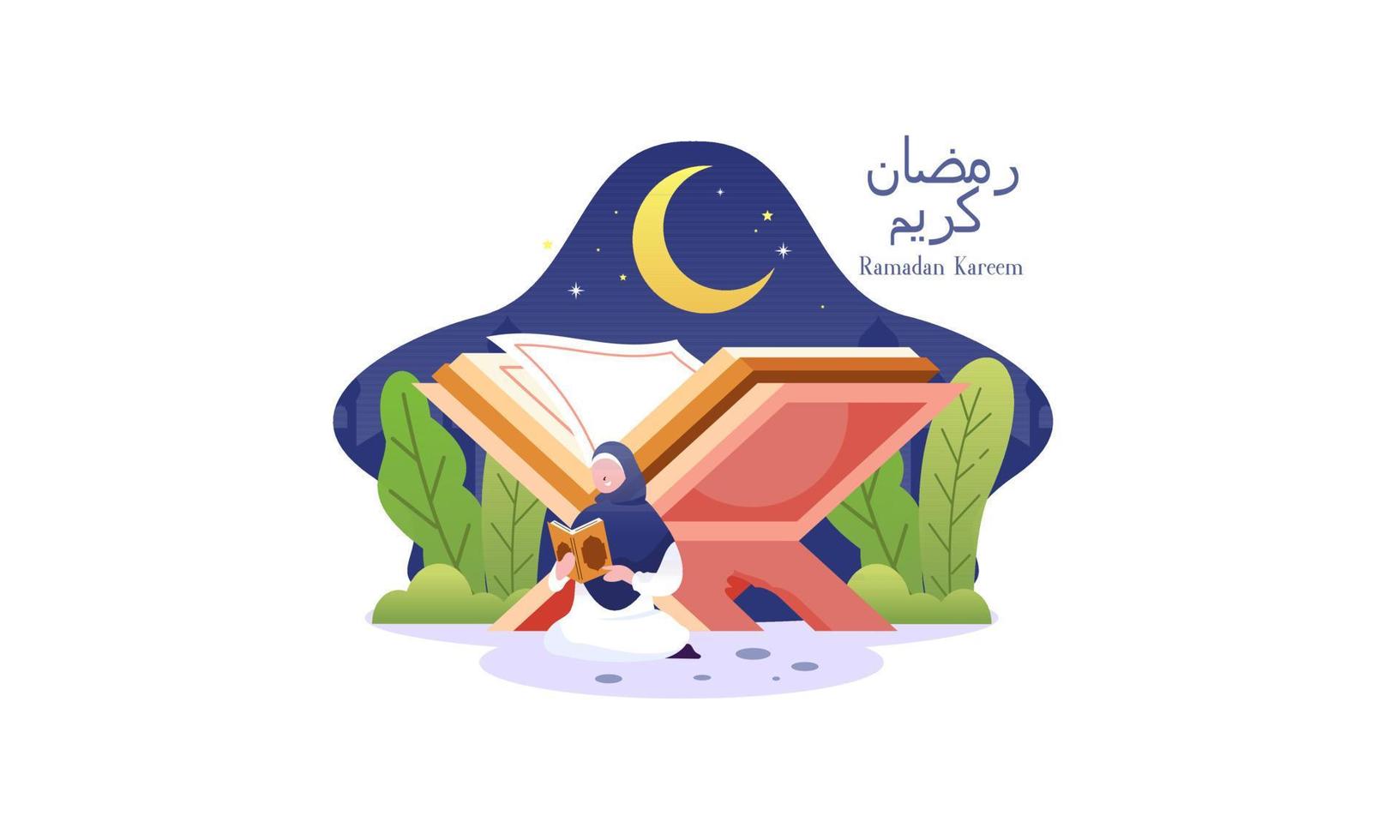 Muslim Woman Reciting Al-Qur'an in Ramadan Kareem Concept vector