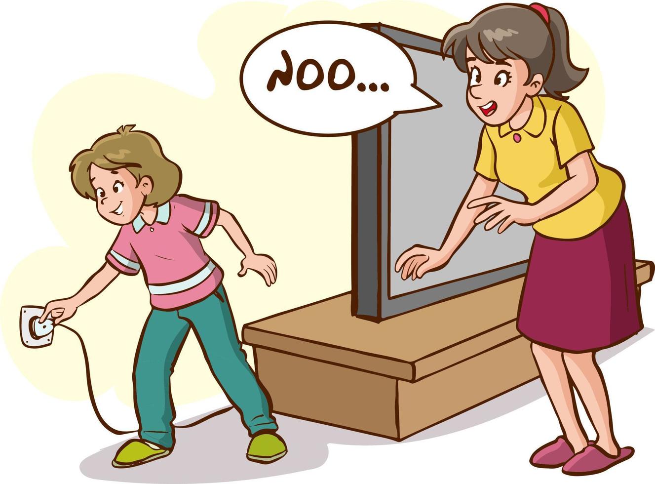 girl pull out the plug television cartoon vector