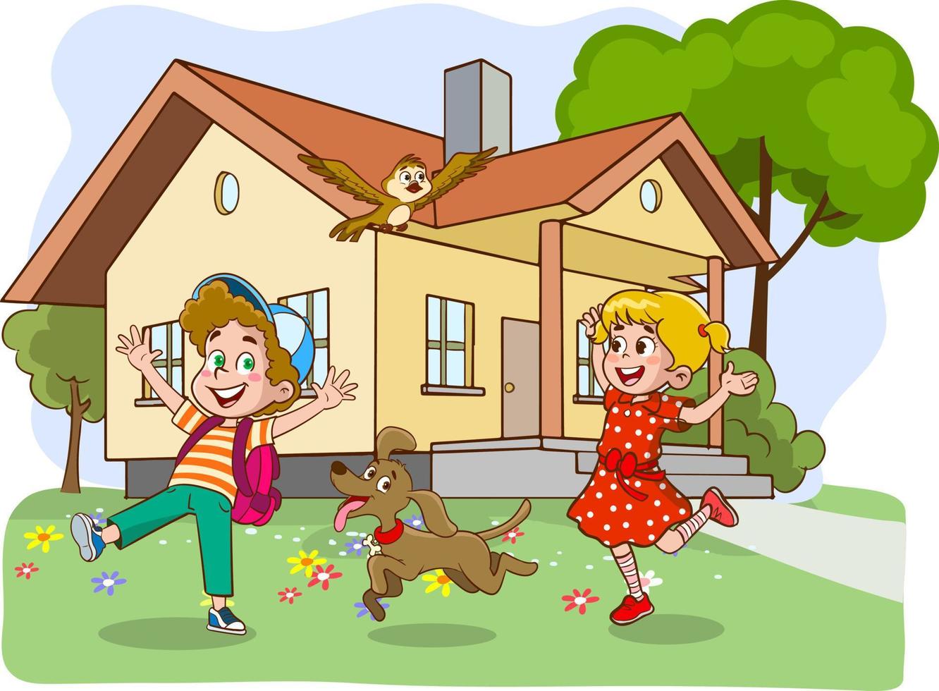 children playing in the garden of the house cartoon vector