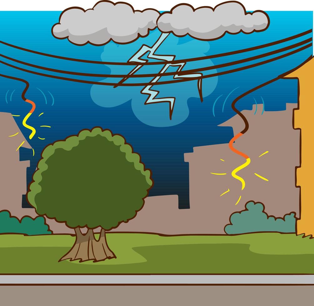 Cartoon vector illustration of town street with  rainfall and neon lightning glowing in dark sky