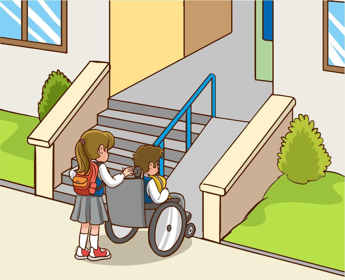 Helpful child carrying her friend in a wheelchair, exemplary behavioral training cartoon vector