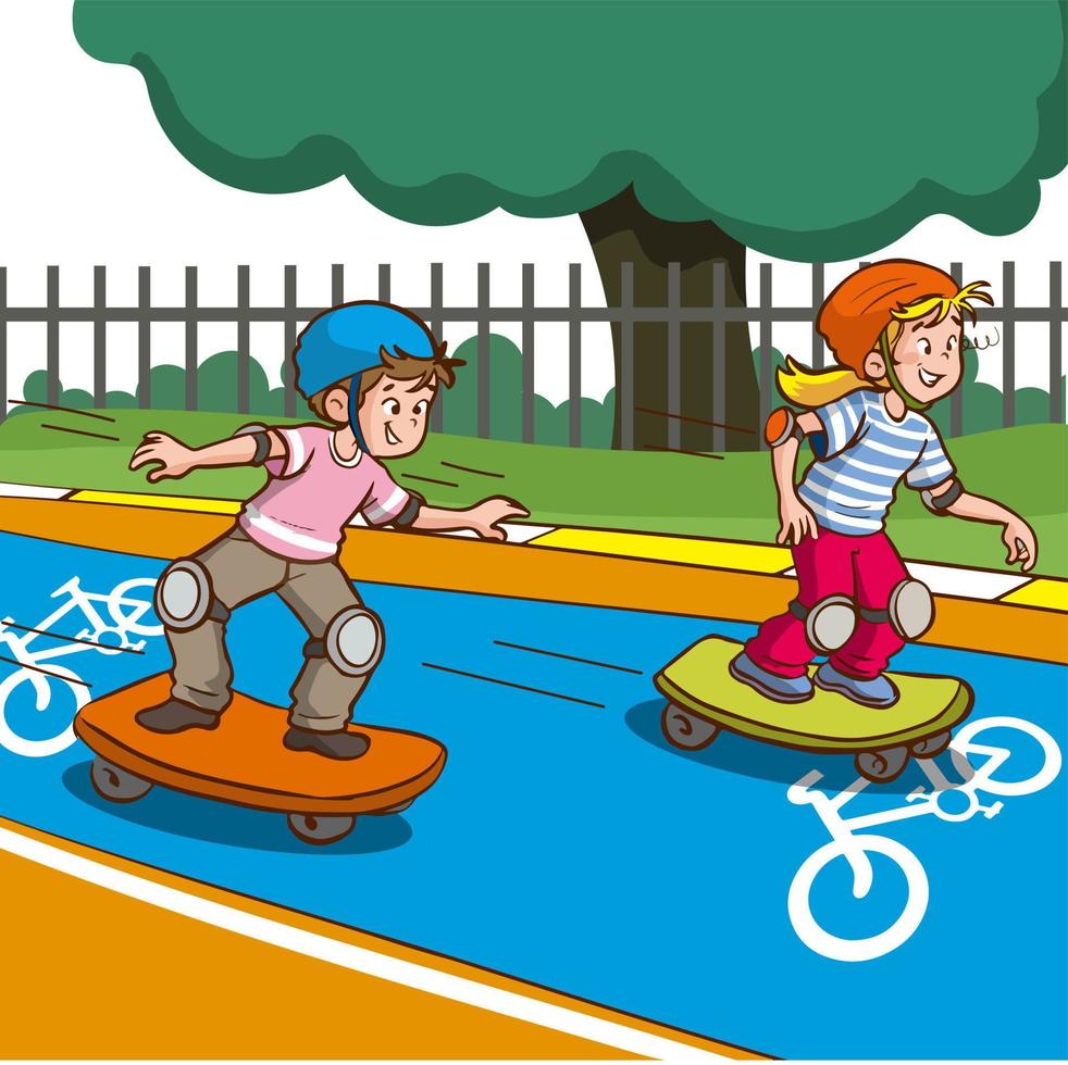 niños ciclismo y patinar el bicicleta camino dibujos animados vector