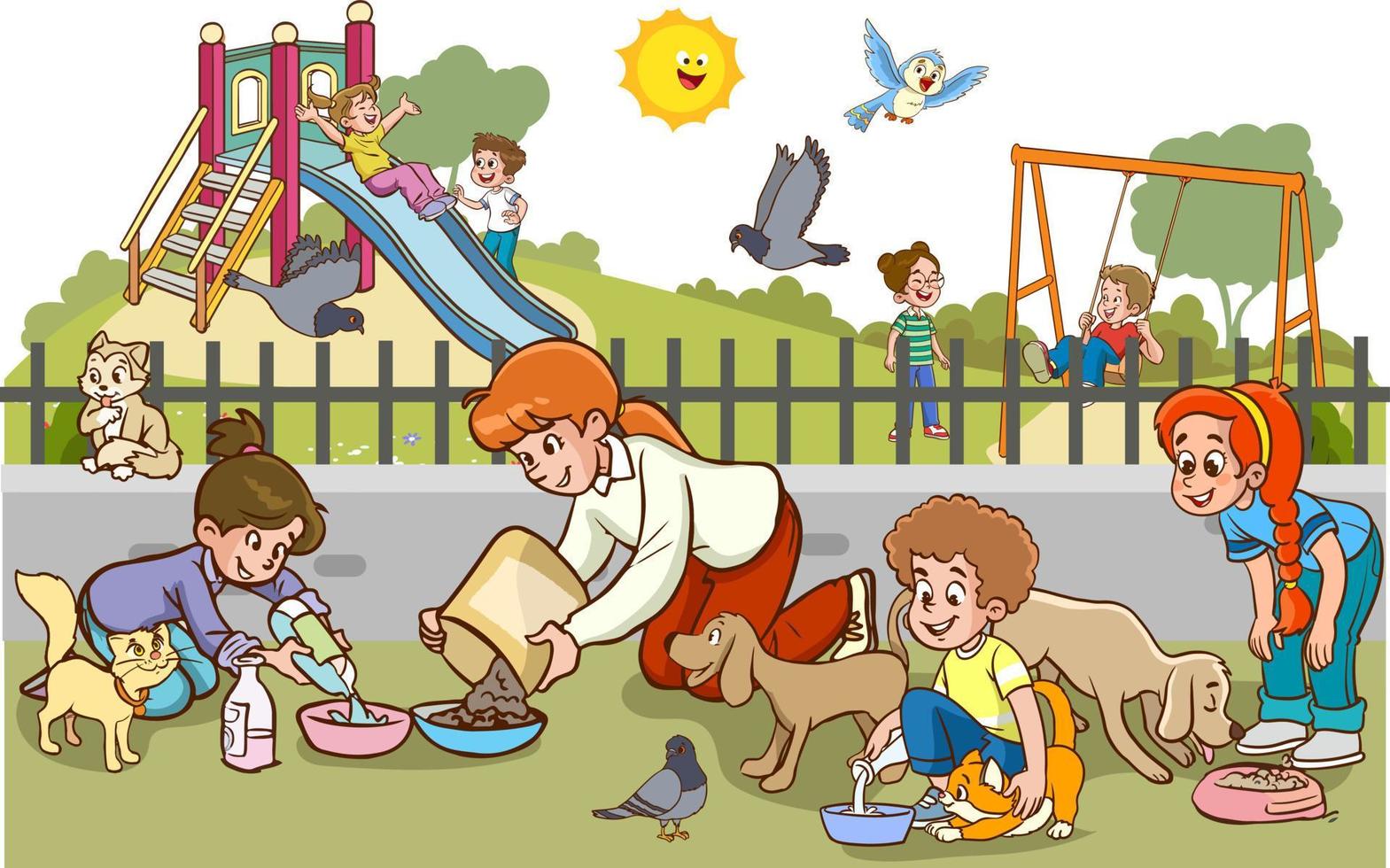 niños alimentando animales callejeros vector de dibujos animados