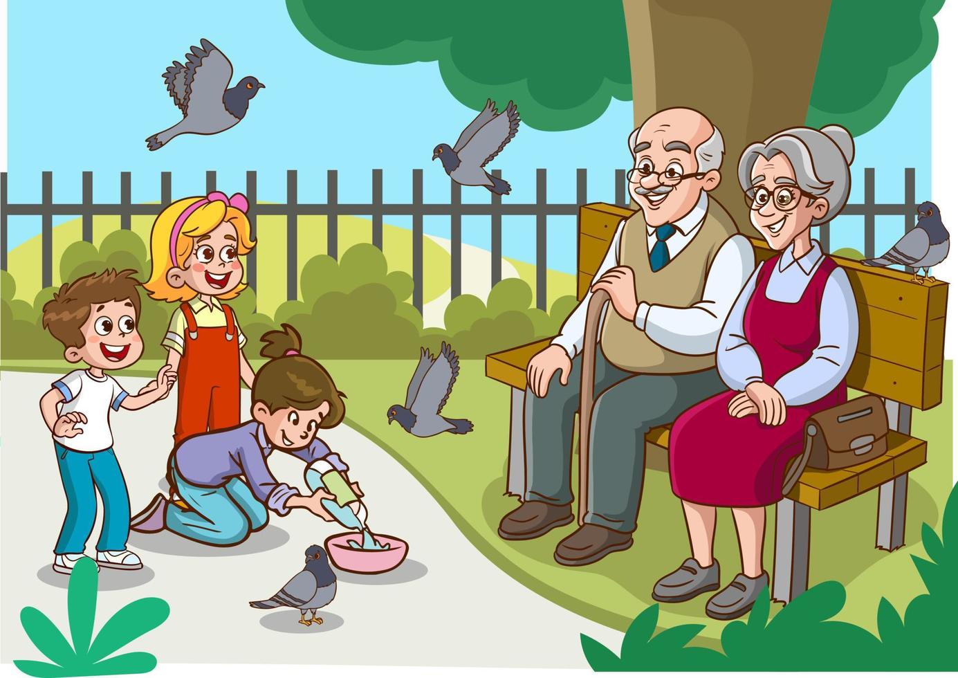 children feeding birds in park with grandparents vector