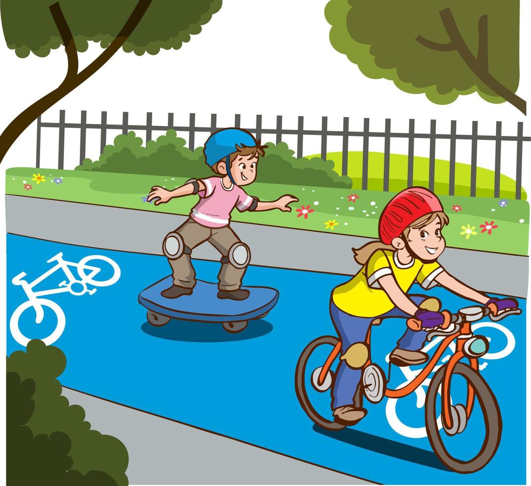 children cycling and skateboarding the bike path cartoon vector