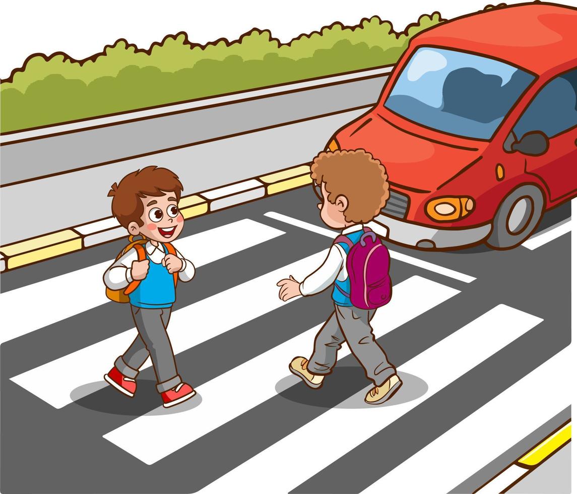 student children crossing pedestrian crossing going to school vector