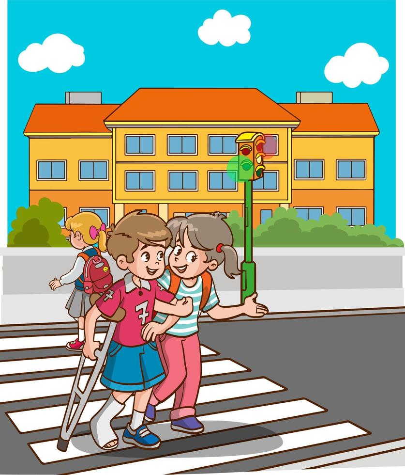 People on street. Pedestrian crossing road on crosswalk with street lights vector