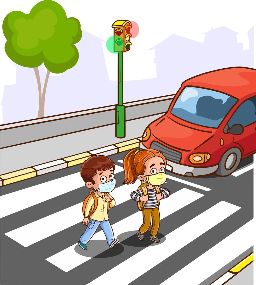 student children crossing pedestrian crossing going to school vector