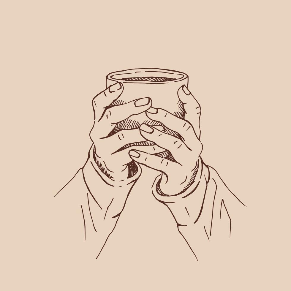 Realistic drawing of beautiful hands holding a mug with a hot beverage. Vector illustration isolated.