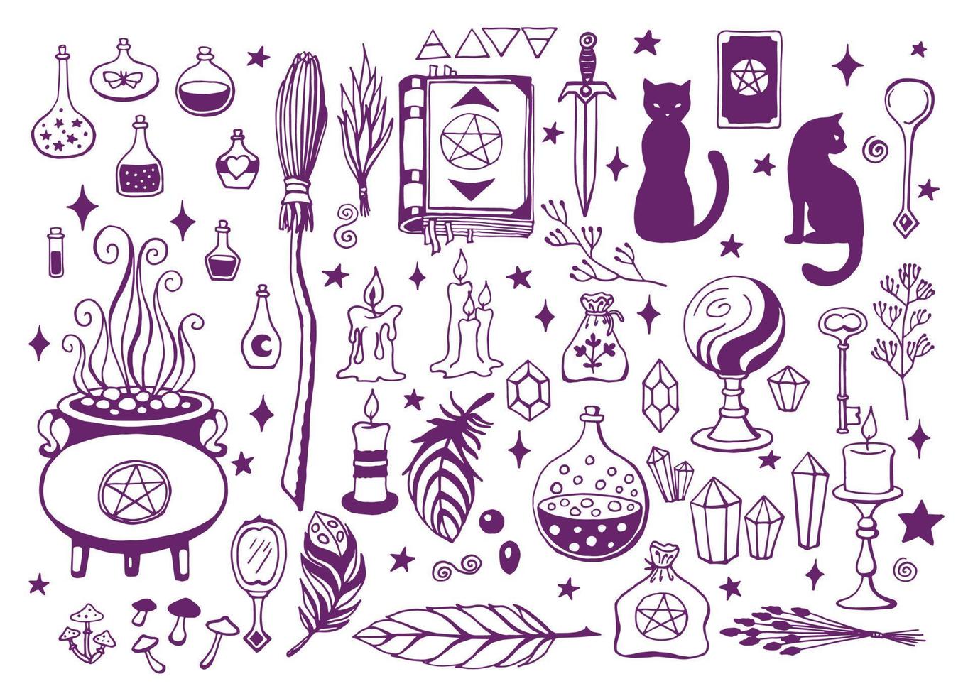 Witchcraft, magic background for witches and wizards. Vector vintage collection. Hand drawn magic tools